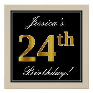 Poster Elégant, Noir, Faux Or 24ème Anniversaire + Nom