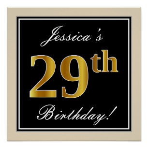 Poster Elégant, Noir, Faux Or 29ème Anniversaire + Nom
