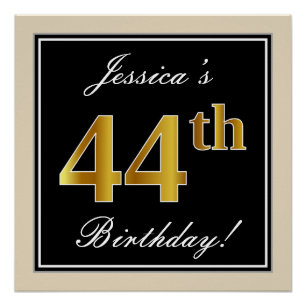 Poster Elégant, Noir, Faux Or 44ème Anniversaire + Nom