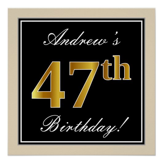Poster Elégant, Noir, Faux Or 47ème Anniversaire + Nom (Devant)