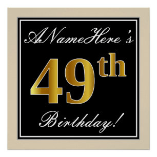 Poster Elégant, Noir, Faux Or 49ème Anniversaire + Nom