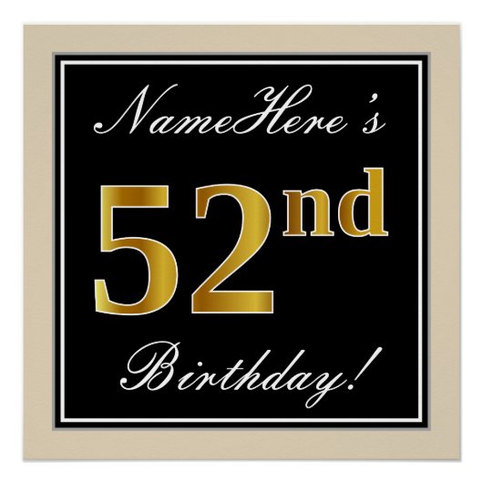 Poster Elégant, Noir, Faux Or 52ème Anniversaire + Nom (Devant)