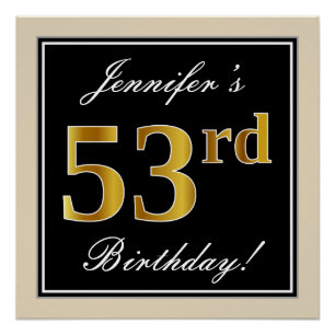 Poster Elégant, Noir, Faux Or 53ème Anniversaire + Nom