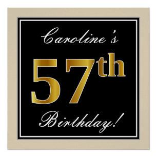 Poster Elégant, Noir, Faux Or 57ème Anniversaire + Nom
