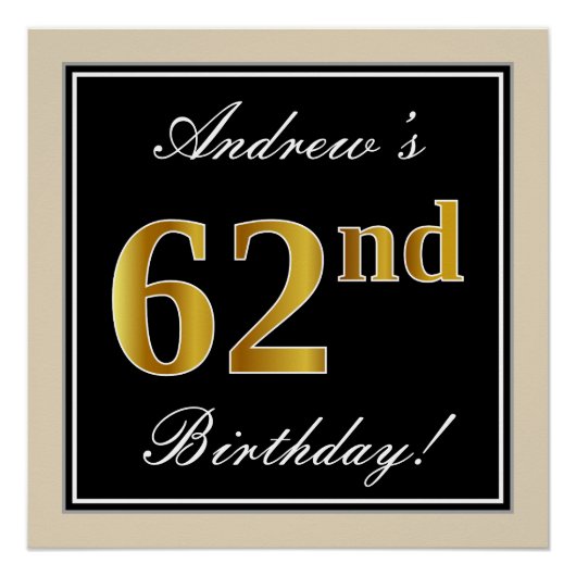 Poster Elégant, Noir, Faux Or 62ème Anniversaire + Nom (Devant)