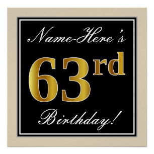 Poster Elégant, Noir, Faux Or 63ème Anniversaire + Nom
