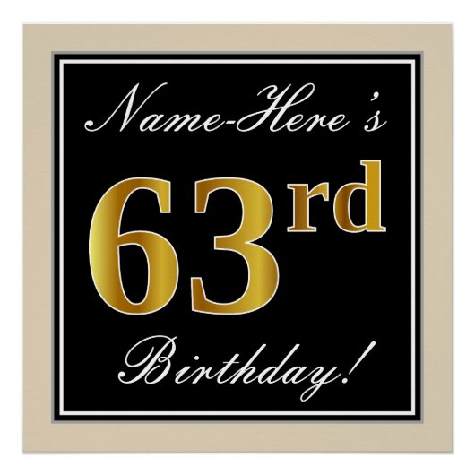 Poster Elégant, Noir, Faux Or 63ème Anniversaire + Nom (Devant)