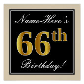 Poster Elégant, Noir, Faux Or 66ème anniversaire + Nom (Devant)