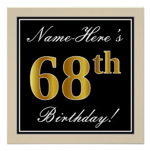 Poster Elégant, Noir, Faux Or 68ème Anniversaire + Nom