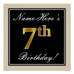 Poster Elégant, Noir, Faux Or 7ème Anniversaire + Nom