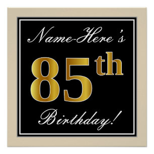 Poster Elégant, Noir, Faux Or 85ème Anniversaire + Nom
