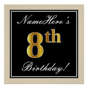 Poster Elégant, Noir, Faux Or 8ème anniversaire + Nom