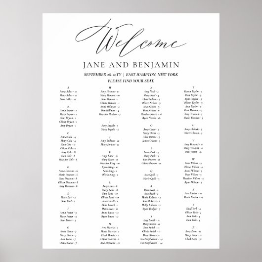Poster Élégant noir Script minimal Mariage Seating Chart (Devant)