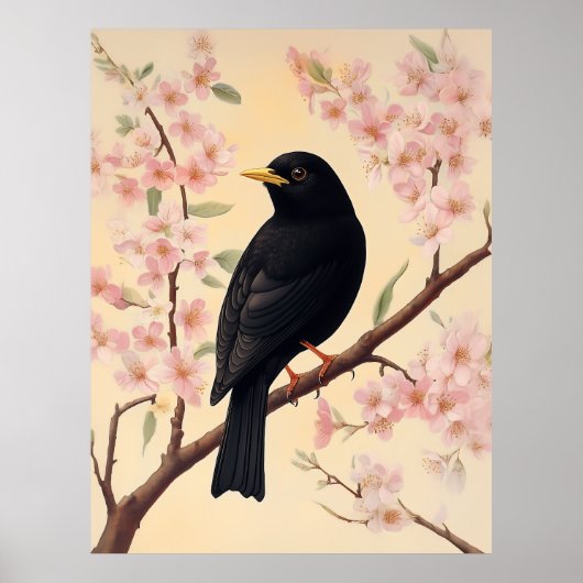 Poster Élégant oiseau noir en fleurs (Devant)