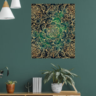 Poster Elégant or Floral Mandala Green Blue Design