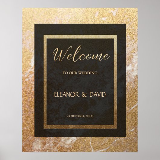 Poster Elégant or noir marbre de bienvenue mariage script (Devant)