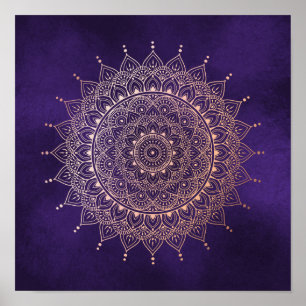 Poster Elégant or Rose sur purple Floral Henna Mandala