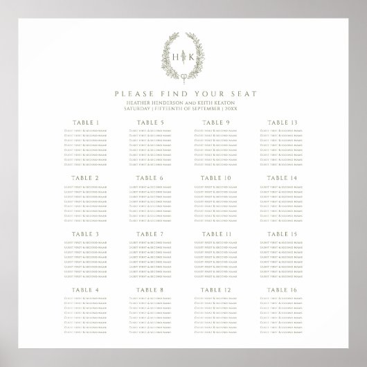 Poster Elegant oval olive green wedding 16 tables plan (Devant)