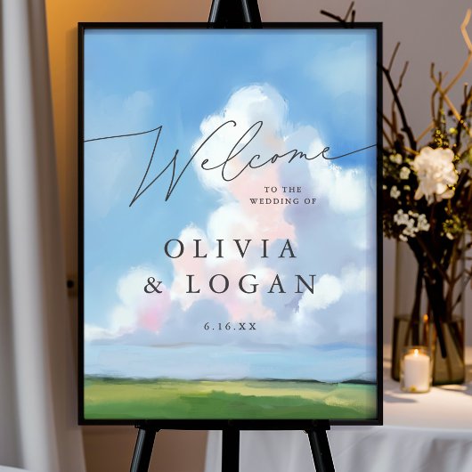 Poster Elegant Painted Landscape Clouds Wedding Welcome