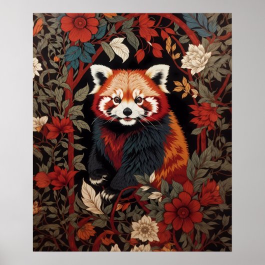 Poster Élégant Panda Rouge William Morris Inspiré Floral (Devant)