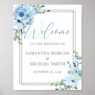 Poster Elégant panneau de bienvenue mariage bleu fleuri