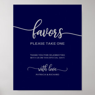 Poster Élégant panneau de mariage bleu marine argenté