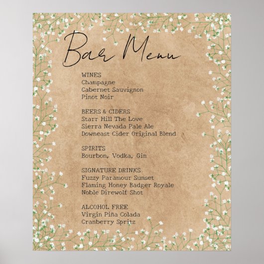 Poster Élégant panneau de menu de bar de mariage floral d (Devant)