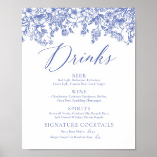 Poster Élégant panneau de menu de boissons floral bleu vi