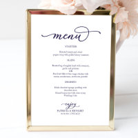 Élégant panneau de menu de mariage à l'encre bleue