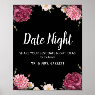 Poster Élégant panneau de nuit de date de fleurs bordeaux