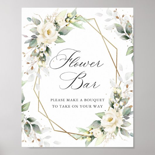 Poster Elégant Pastel Blanc Roses Eucalyptus Flower Bar (Devant)