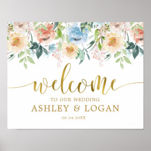 Poster Elégant Pastel Blue Floral Mariage Bienvenue