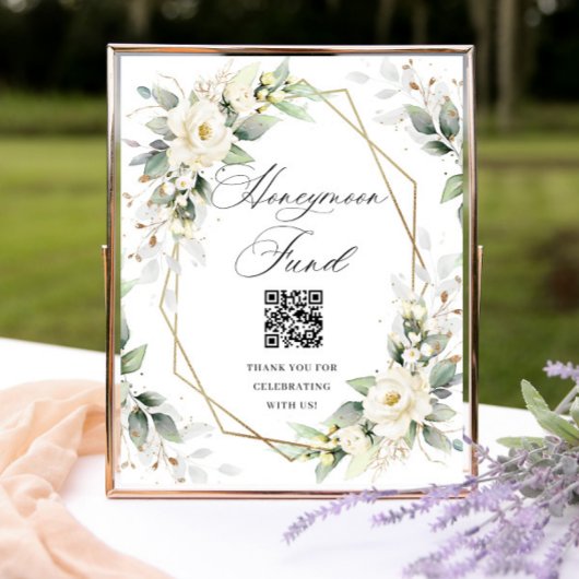 Poster Elégant Pastel White Roses Eucalypt Honeymoon Fund