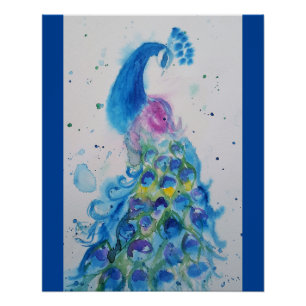 Poster Elégant Peacock bleu aquarelle peinture