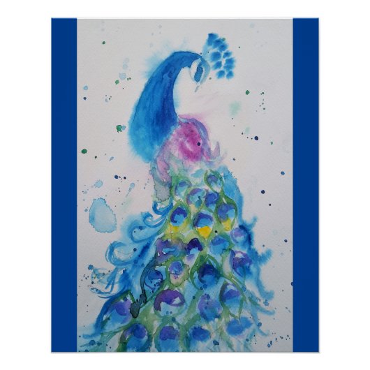 Poster Elégant Peacock bleu aquarelle peinture (Devant)