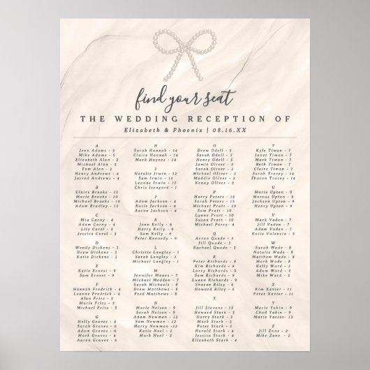 Poster Elegant Pearl Bow Alphabetical Guest Seating Chart (Devant)