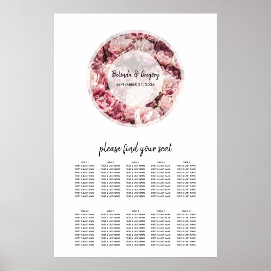 Poster Élégant Peonies roses Mariage Seonies Chart (Devant)