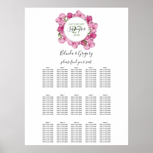 Poster Élégant Peonies roses Mariage Seonies Chart (Devant)