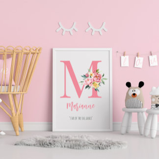 Poster Élégant Personnalisable Rose Floral Monogramme Ini
