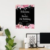 Poster Elegant Pink and Silver Flowers Birthday Part  (Bureau à domicile)