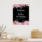 Poster Elegant Pink and Silver Flowers Birthday Part  (Cuisine)