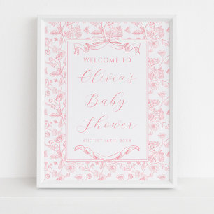 Poster Elégant Pink Bow Vintage Floral Girl Baby shower