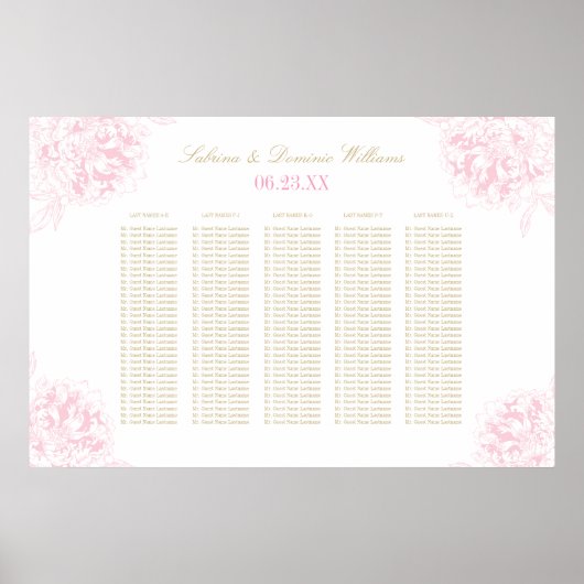 Poster Elégant Pink Gold Floral Peony Mariage Siège (Devant)