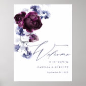 Poster Élégant Plum violet & Indigo Mariage Floral bleu (Devant)