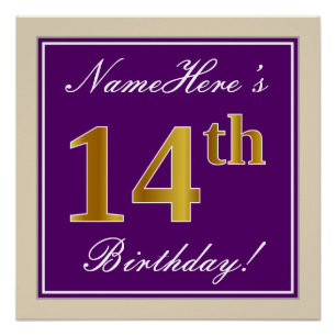 Poster Elégant, pourpre, Faux Gold 14ème anniversaire + N
