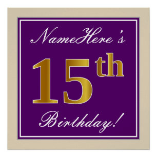 Poster Elégant, pourpre, Faux Gold 15e anniversaire + Nom