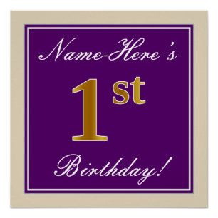Poster Elégant, pourpre, Faux Gold 1er anniversaire + Nom