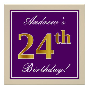 Poster Elégant, pourpre, Faux Gold 24e anniversaire + Nom