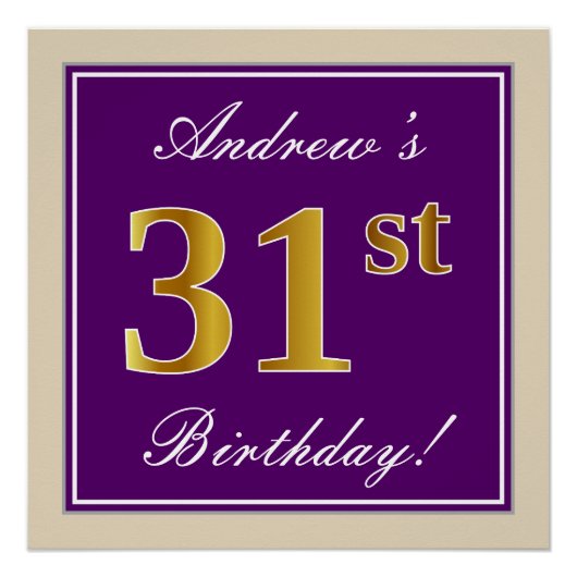 Poster Elégant, pourpre, Faux Gold 31e anniversaire + Nom (Devant)