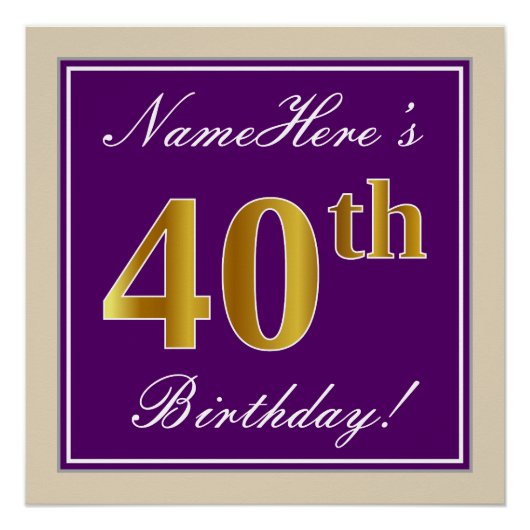 Poster Elégant, pourpre, Faux Gold 40e anniversaire + Nom (Devant)